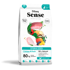 Сухой корм Dibaq Sterilized для взрослых стерилизованных или склонных к избыточному весу кошек всех пород, чувствительное пищеварение, курица с уткой